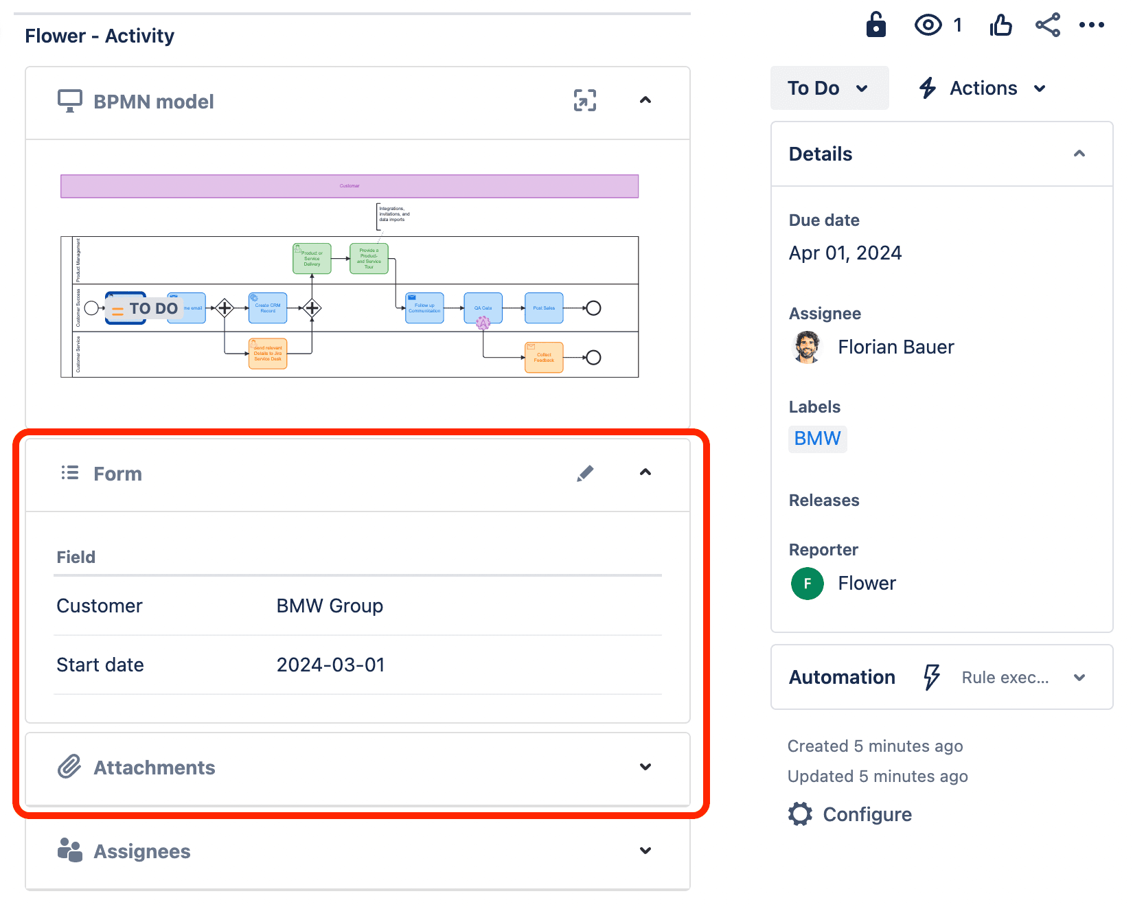 Flower Form Context in a Jira work item screen