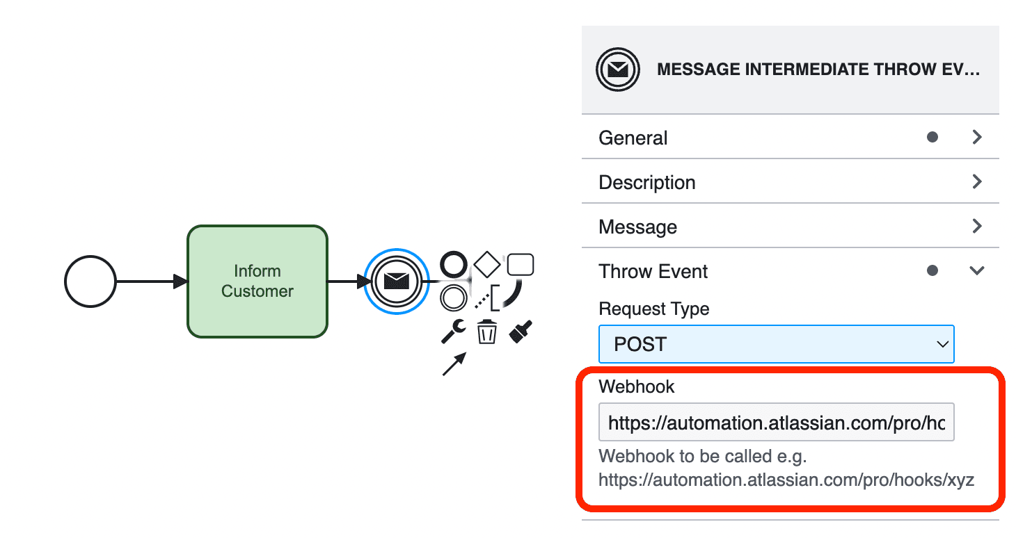 Throw event with a webhook URL in the properties panel
