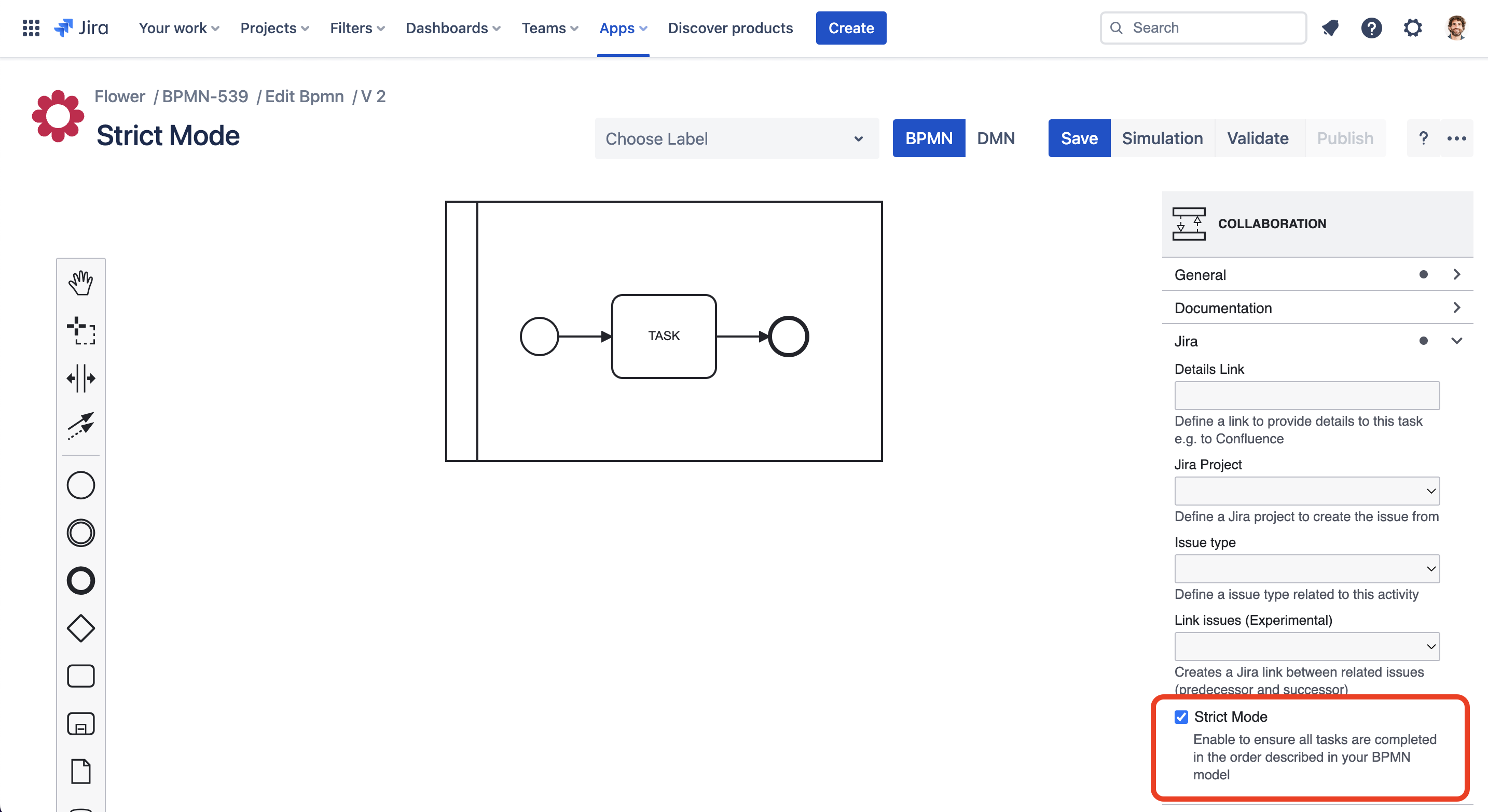 How to set Flower Strict Mode in BPMN